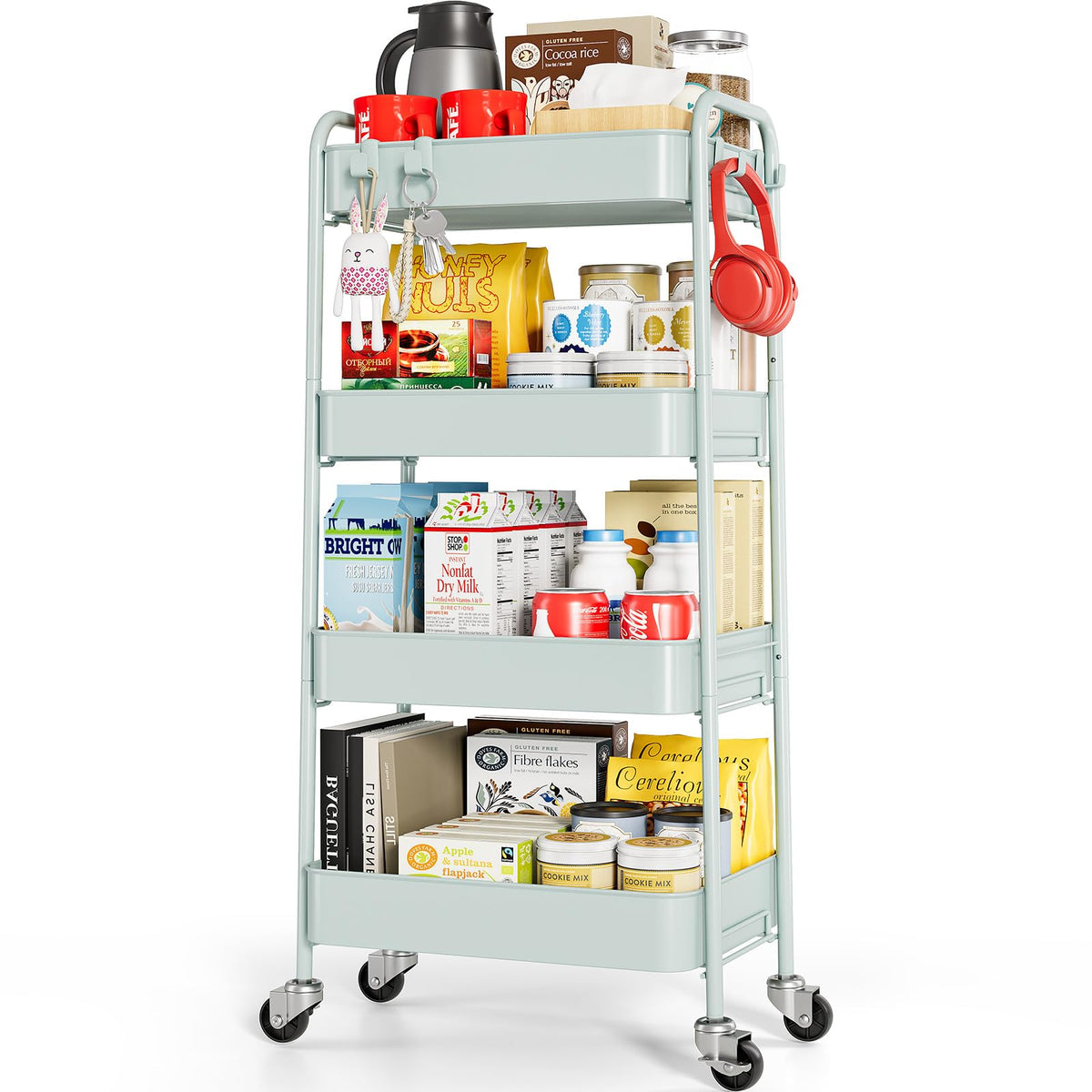 TOOLF 4 Tier Metal Rolling Cart, Utility Storage Cart with Wheels, Black
