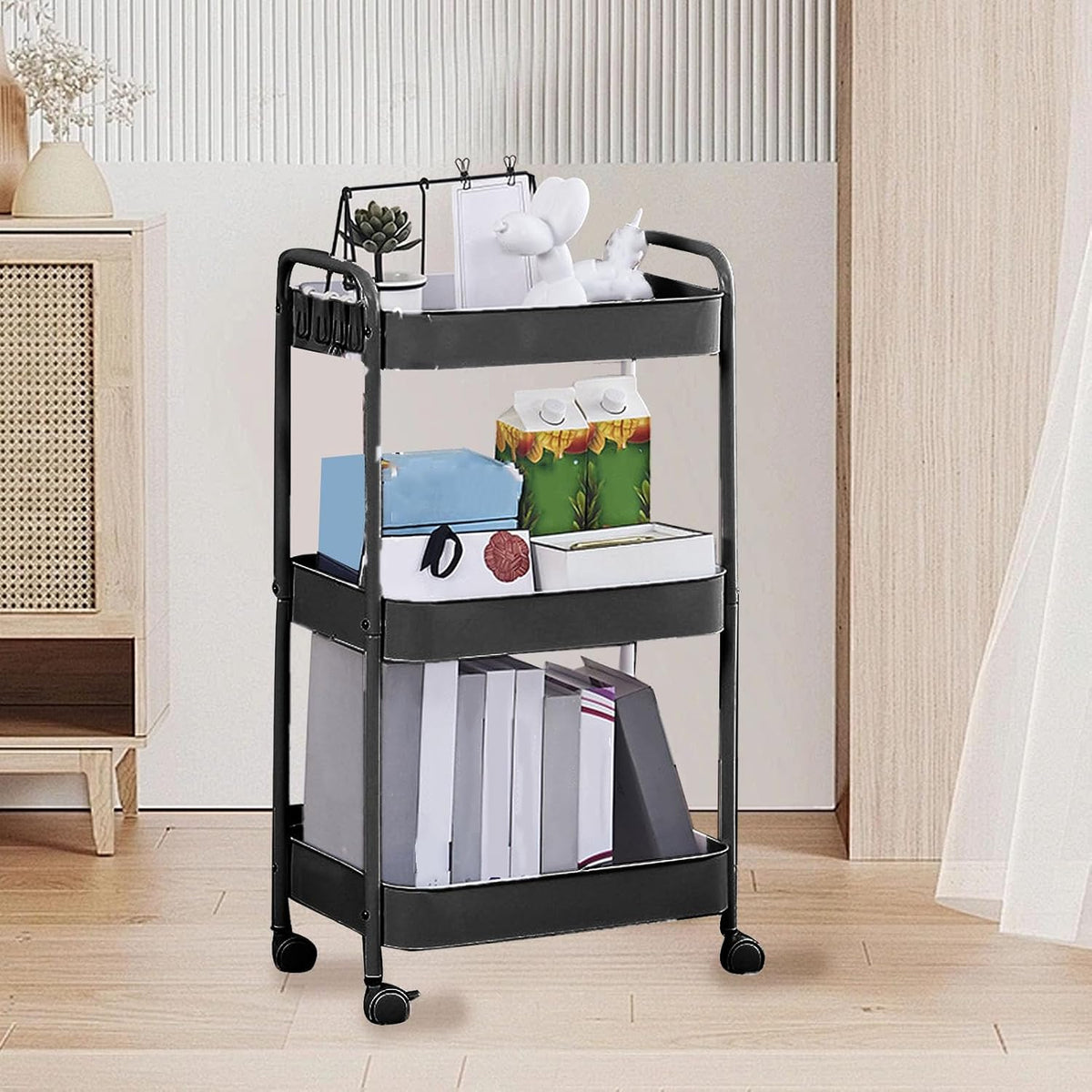 3 Tier Utility Rolling Cart, Movable Storage Organizer Trolley with Caster Wheels, Carbon Steel Multifunctional Shelving Cart for Kitchen Bathroom Bedroom (3 Layer)