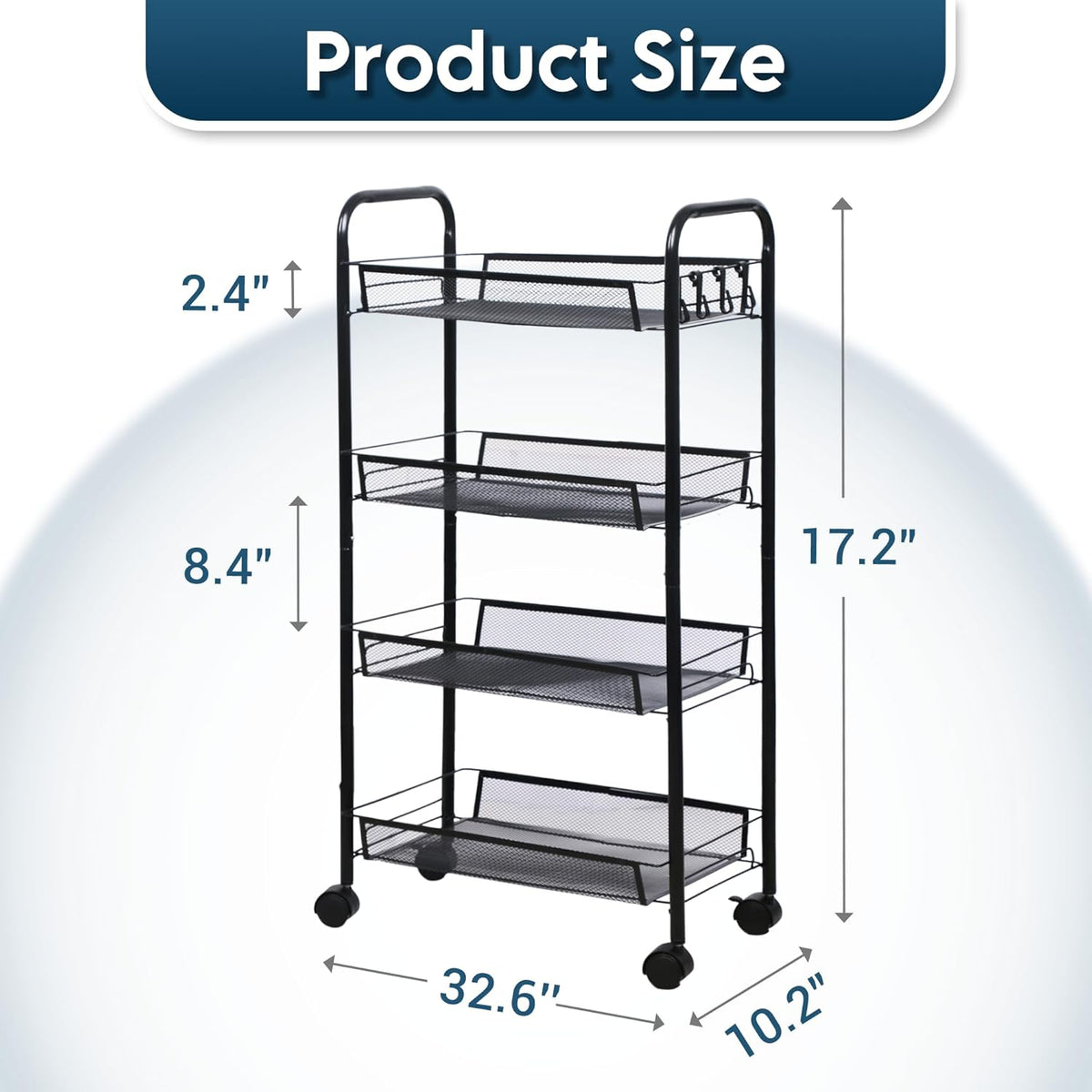 LOFTEY 4 Tier Rolling Cart, Small Metal Utility Cart with Wheels, Black