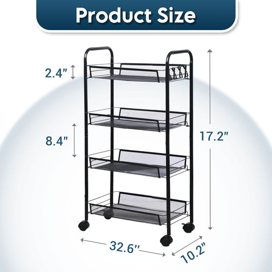 LOFTEY 4 Tier Rolling Cart, Small Metal Utility Cart with Wheels, Black