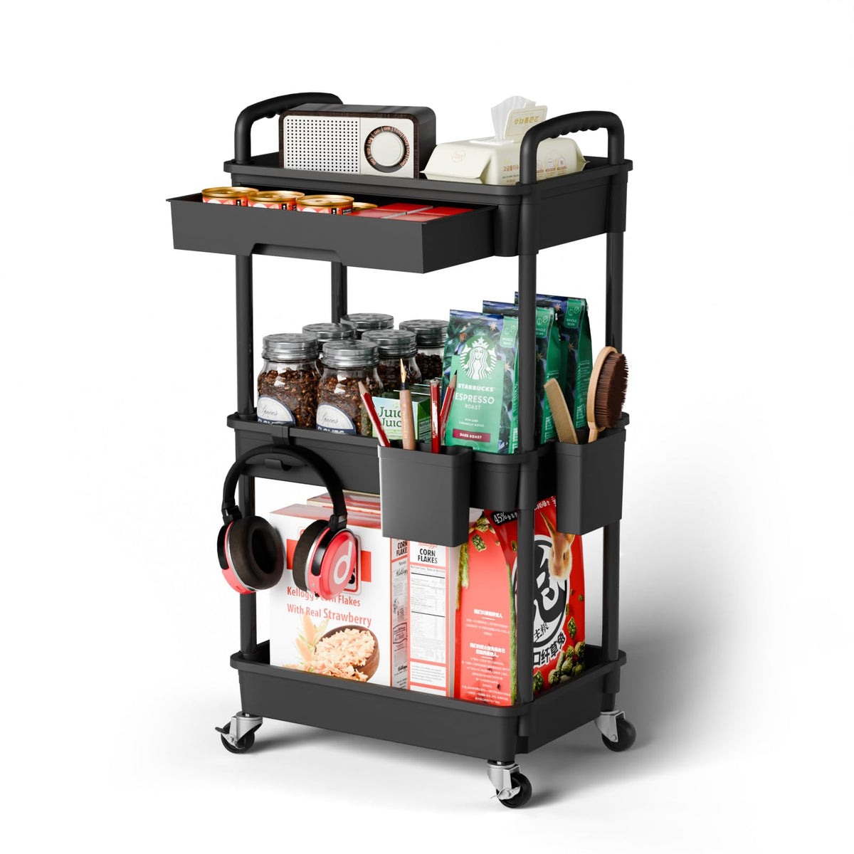 Sorgion 3 Tier Rolling Cart Organizer,Laundry Room Bathroom Organizers and Storage Office Shelves Mobile Shelving Unit Kitchen Trolley Cart with Wheels for Art,Craft,Diaper,Bedside,Snack(Green)