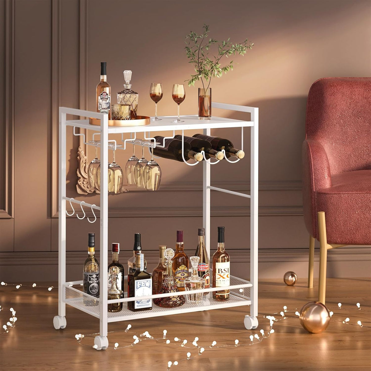 Joaxswe Bar Cart,2-Tier Home Bar Serving Cart with Lockable Wheels,White
