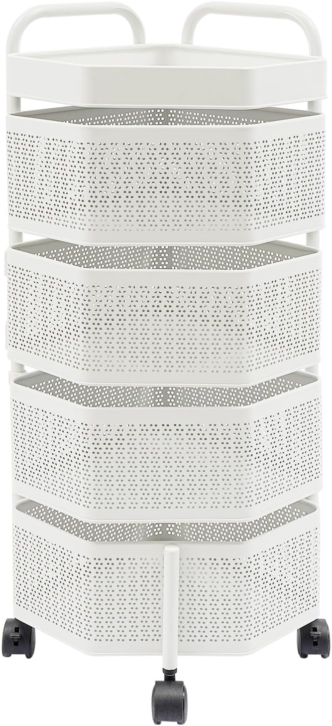 4 Tier Rolling Storage Cart – Swivel Kitchen Shelf with Wheels – Solid Carbon Steel, Rustproof – Magnetic Baskets Stay in Place – for Onion, Potato, Cans, Spices – White