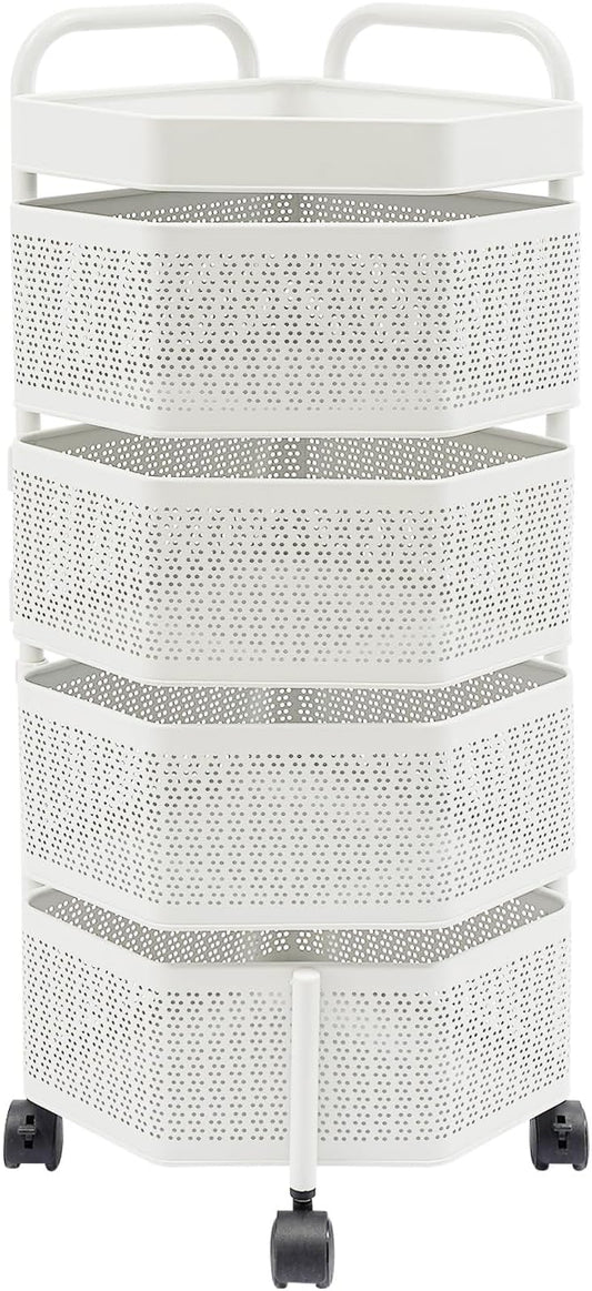 4 Tier Rolling Storage Cart – Swivel Kitchen Shelf with Wheels – Solid Carbon Steel, Rustproof – Magnetic Baskets Stay in Place – for Onion, Potato, Cans, Spices – White