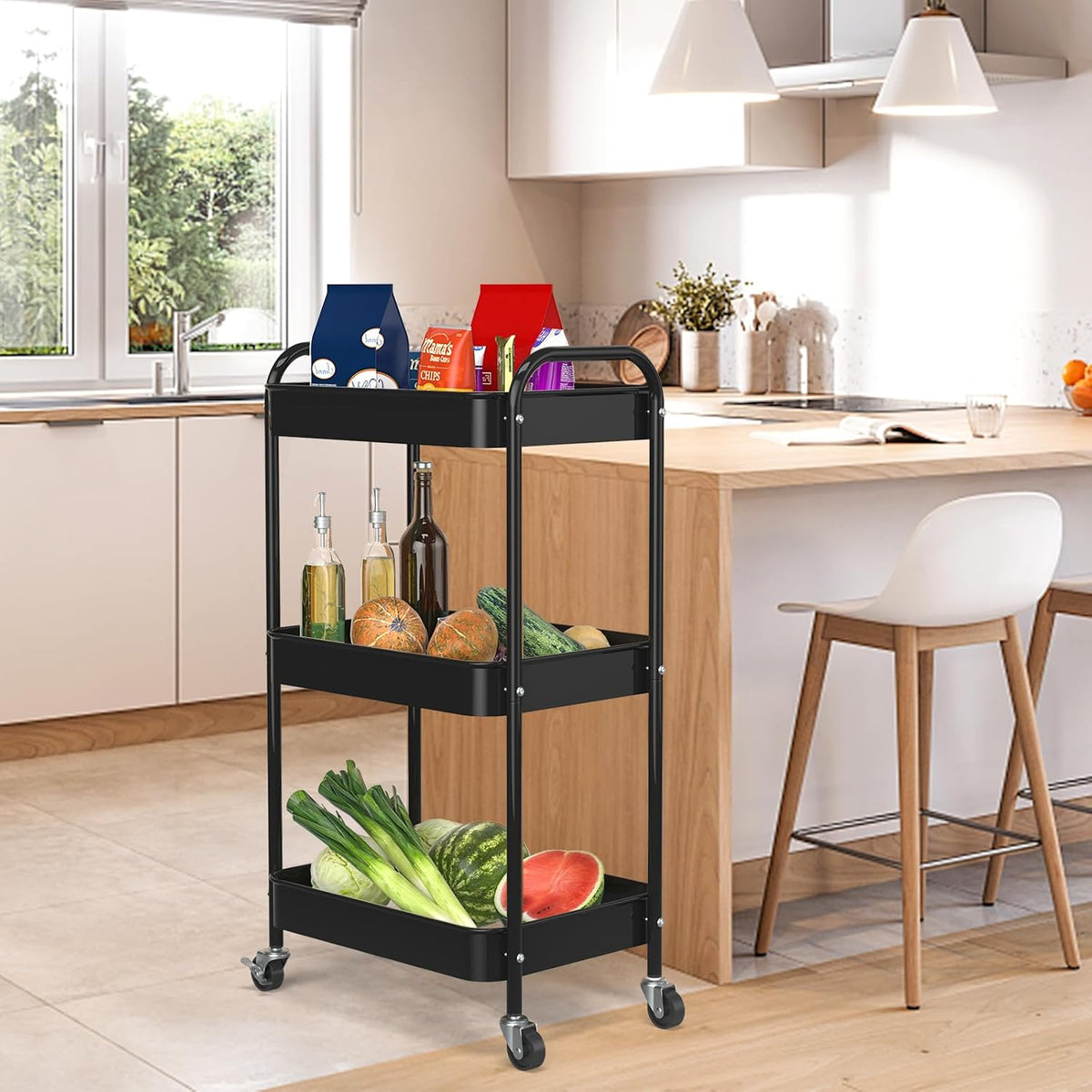 3-Tier Rolling Cart, Metal Utility Storage Carts with Wheels, Black