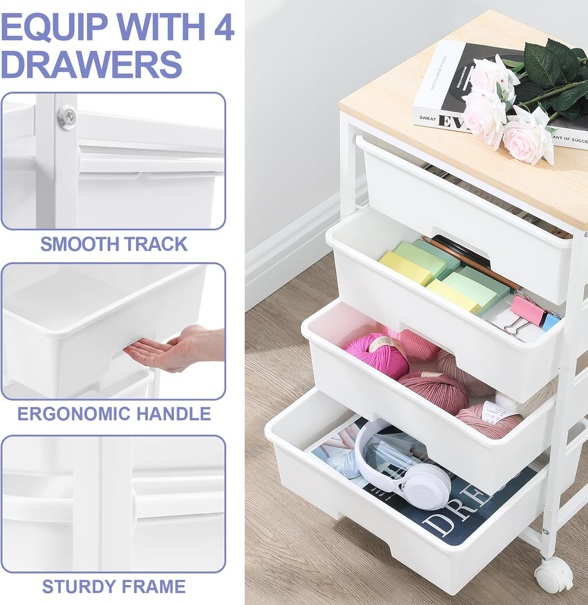 SYKIARIOL Rolling Cart with Drawers, 4-Drawer Utility Cart, Bright White