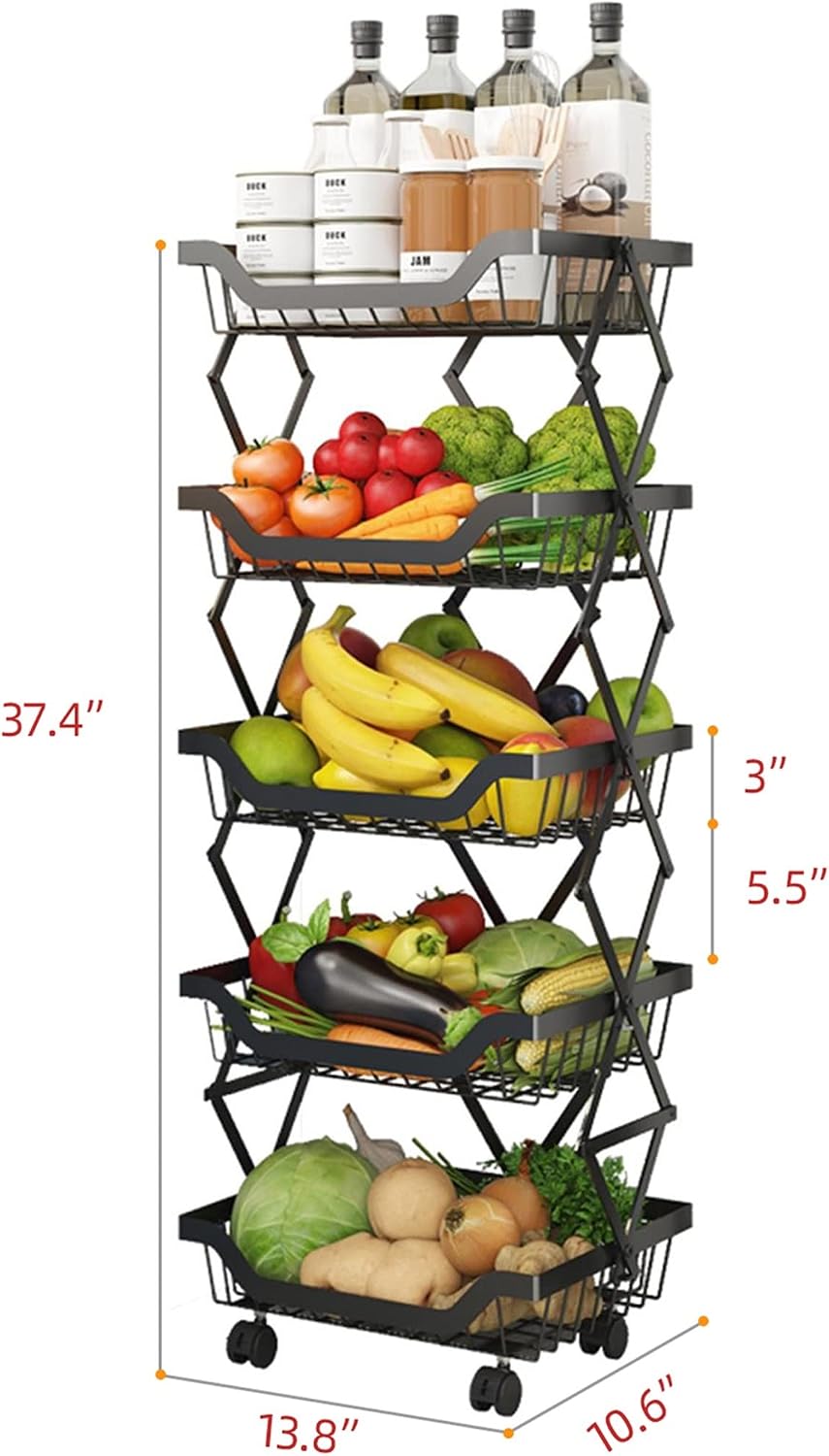 5-Tier Rolling Pantry Floor Organizer with Wheels, Foldable Fruit Vegetable Storage Cart, Metal Wire Pantry Basket, Kitchen Fruit Basket Stand, Vegetable Storage Rack for Fruits Snack Onion Potato