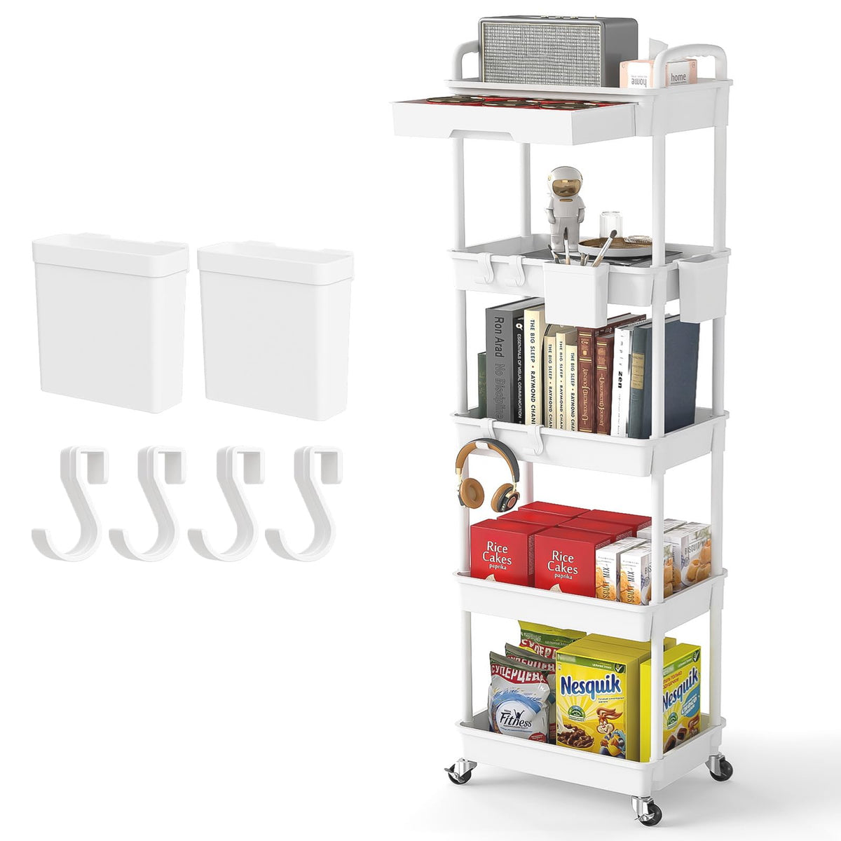 4 Tier Rolling Utility Cart with Drawer,REBECAT Utility Cart Made of Multifunctional Storage Organizer Tool for Kitchen,Bathroom,Living Room,Office(Black)