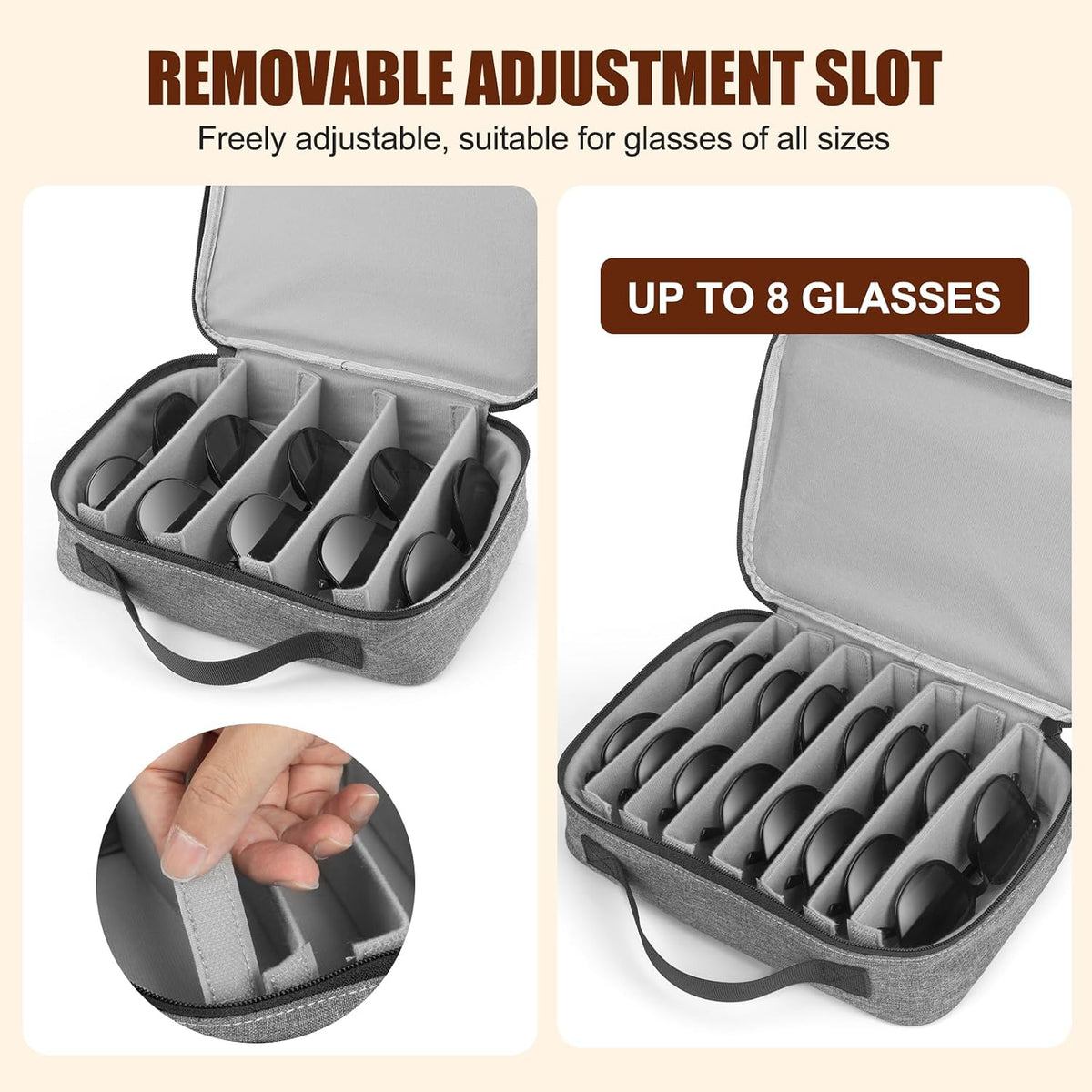 Sunglasses Travel Organizer Case for Multiple Pairs, 8 Adjustable Slots Eyeglasses Glasses Organizer Case with Soft Sunglasses Bag Pouch, Portable Sunglass Storage Box for Men and Women - Grey
