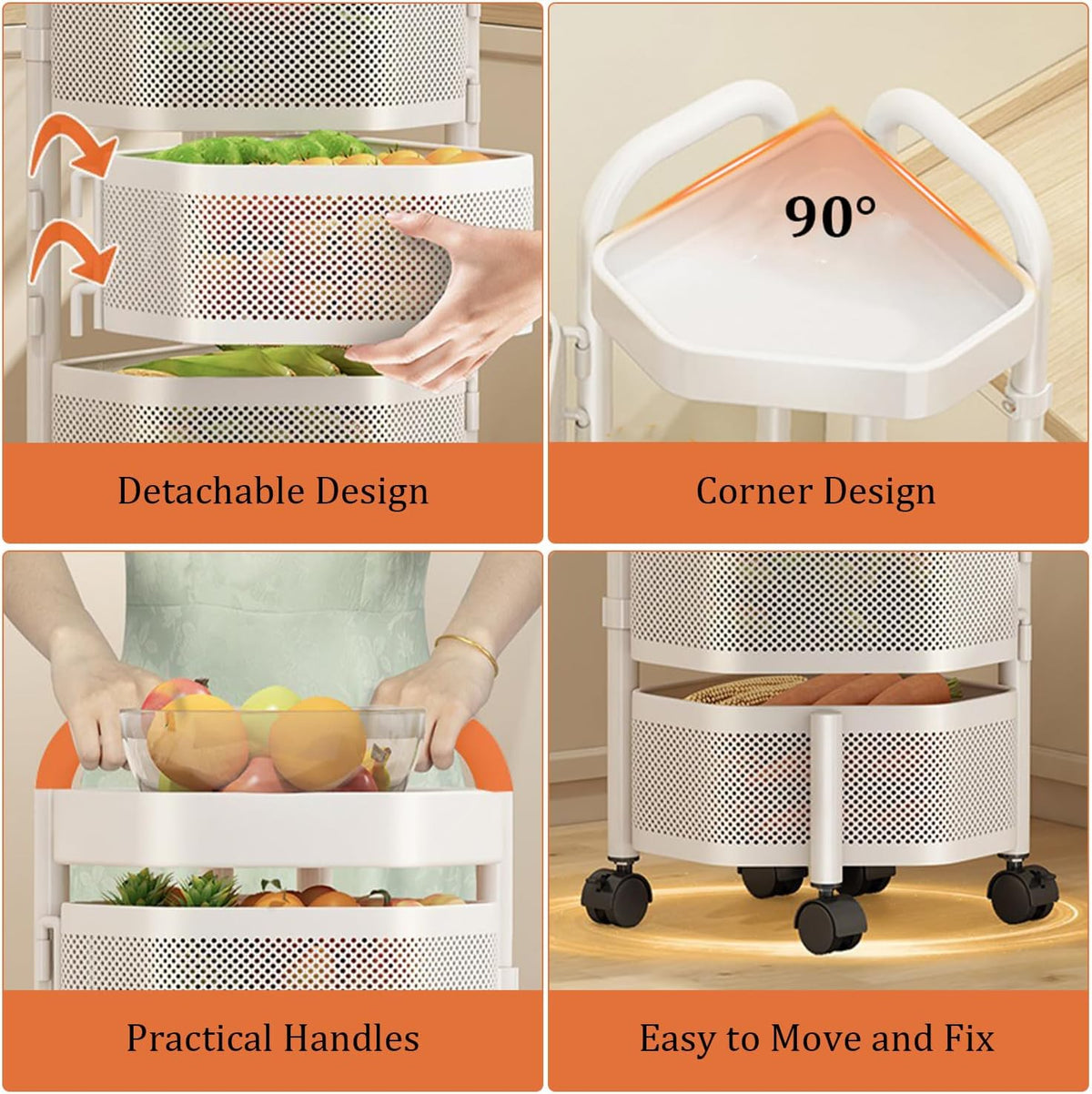 4 Tier Rotating Storage Rack with Removable Basket and Wheels,Kitchen Cart for Fruit Vegetable,White