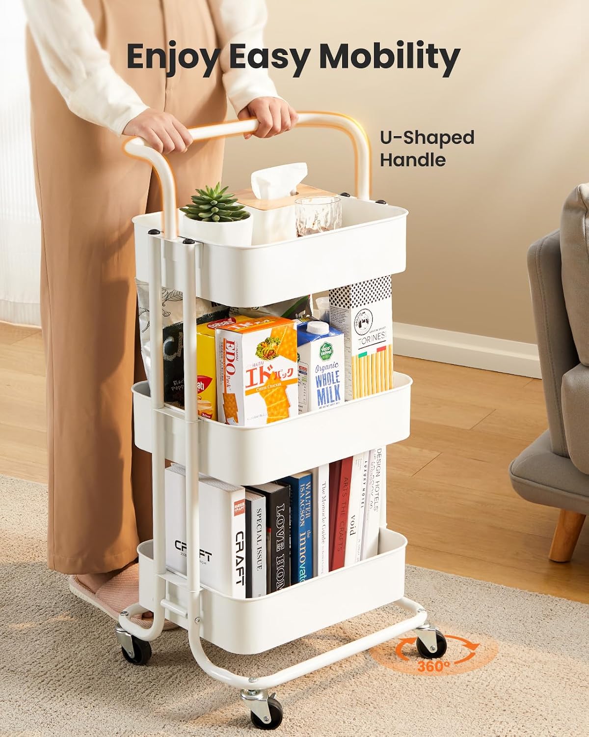 Pipishell 3 Tier Rolling Cart, Utility Cart with Wheels & Handle, White