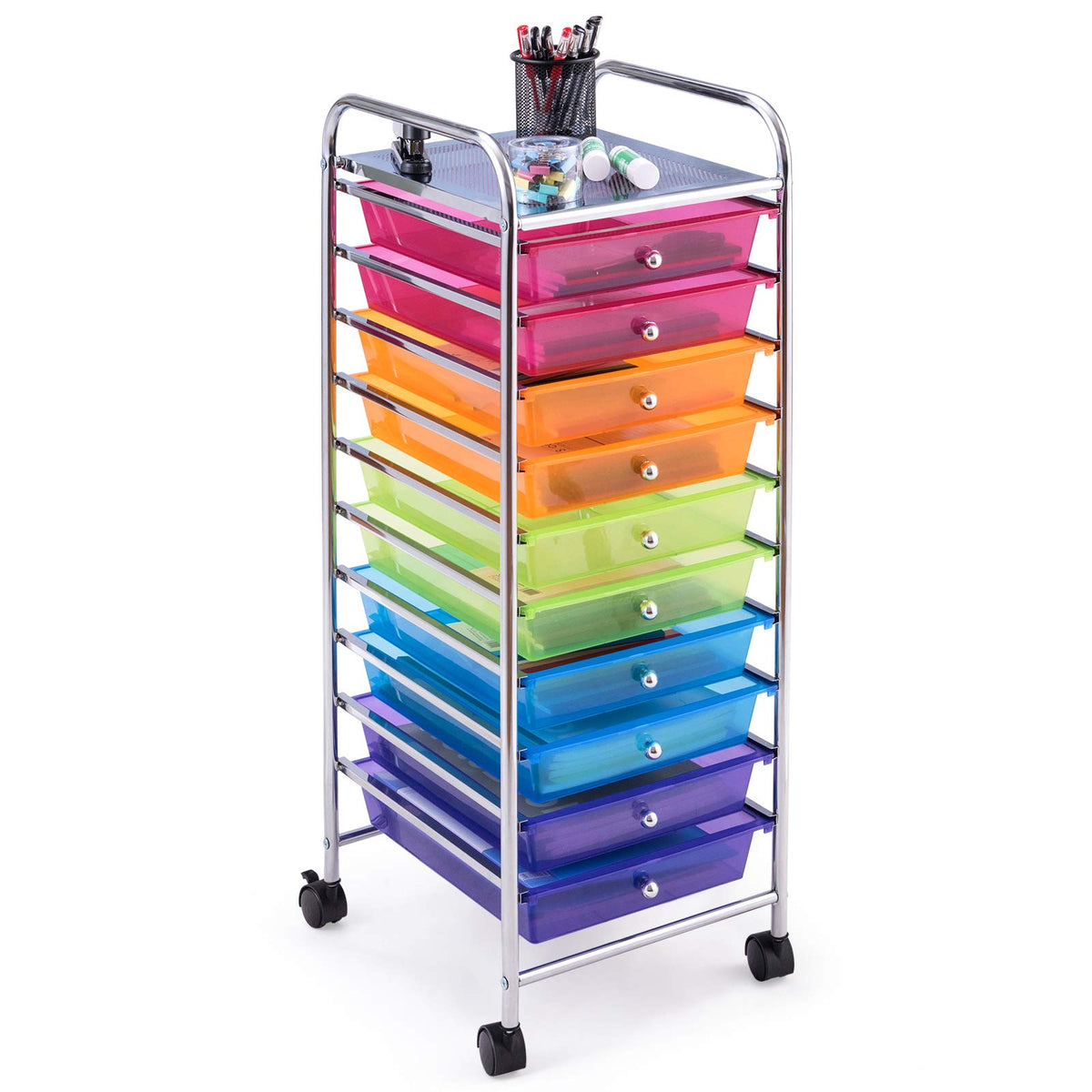 Happygrill 10-Drawer Storage Cart, Utility Cart with Removable Drawers & Metal Frame, Rolling Storage Cart with Lockable Wheels for Home, Office, Multicolor