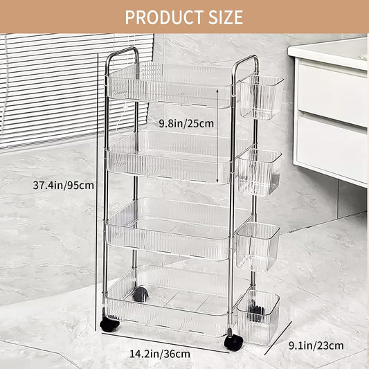 4 Tiers Rolling Storage Cart with Hanging Basket Acrylic Organizer