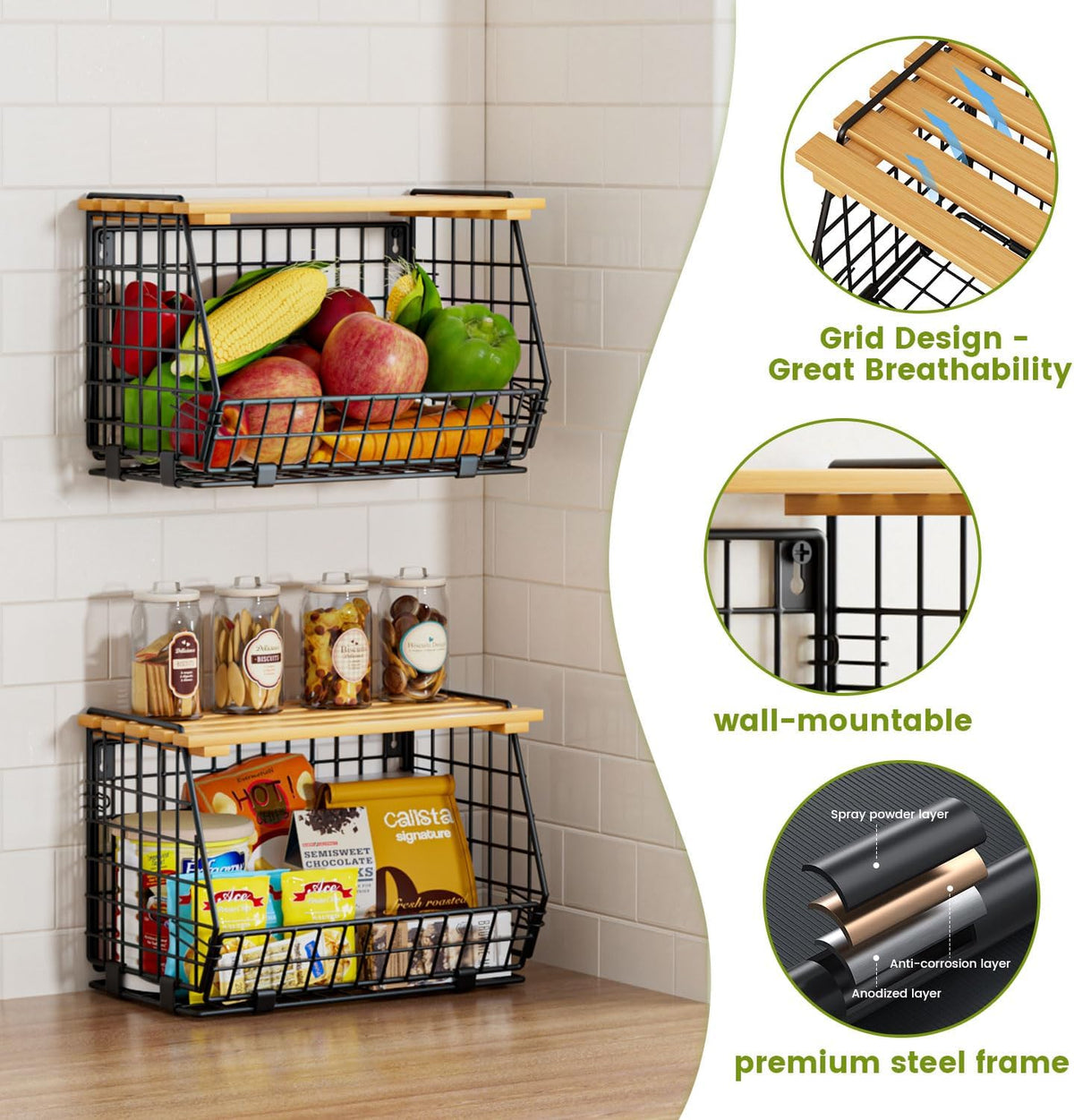 Hanging Fruit Basket for Kitchen, 3 Pack Vegetable Produce Basket