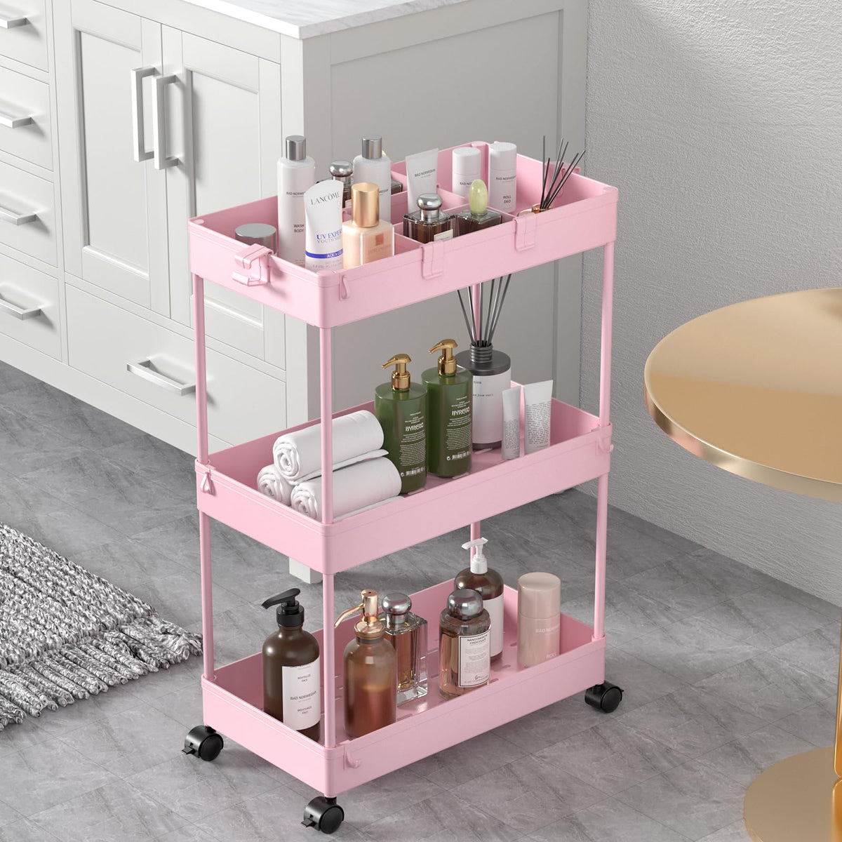 SPACELEAD 3 Tier Rolling Cart with Wheels, Storage Craft Art Trolley Organizer Serving, 3 Hanging Baskets Easy Assembly, for Office, Bathroom，Living Room, Kitchen, White