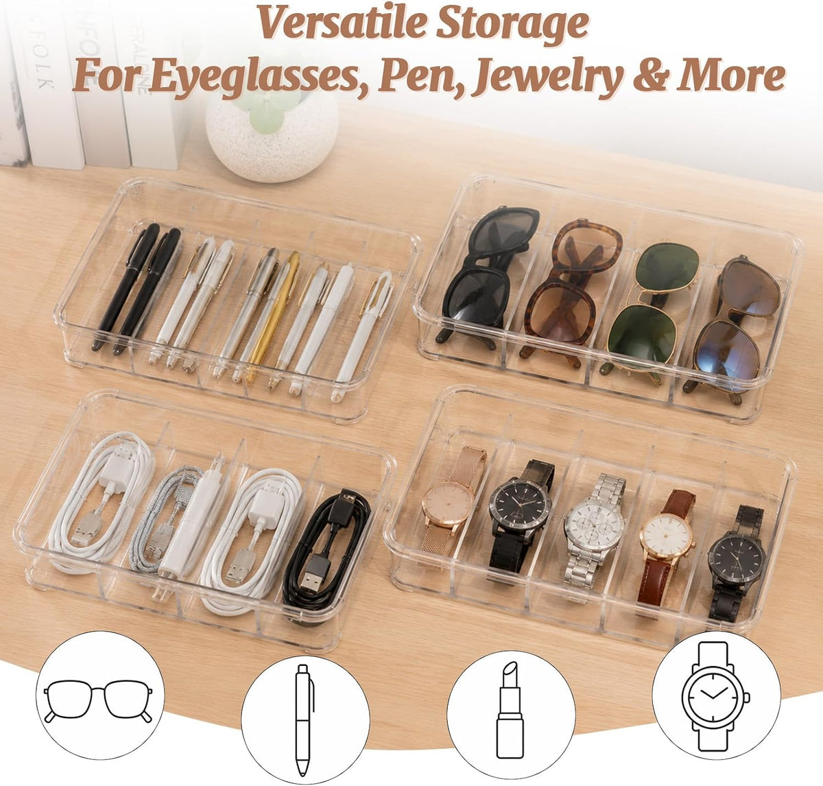 2 Pcs Clear Stackable Plastic Sunglasses Organizer Case 5 Compartments