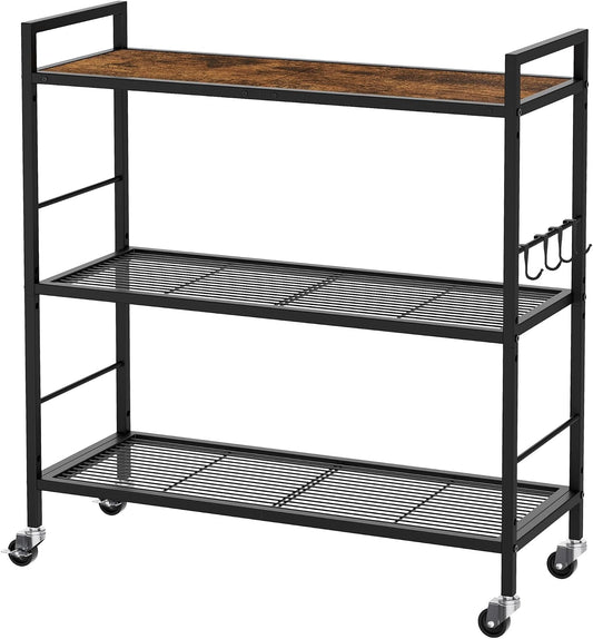 3-Tier Metal Storage Rack with Industrial Wheels,Mesh Shelving Unit with Wooden Table top,Adjustable Shelf,31.5-Inch Width, for Kitchen, Laundry,Pantry,Plant,Black