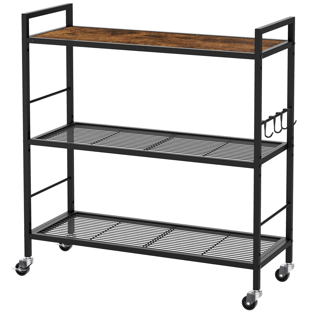 3-Tier Metal Storage Rack with Industrial Wheels,Mesh Shelving Unit with Wooden Table top,Adjustable Shelf,31.5-Inch Width, for Kitchen, Laundry,Pantry,Plant,Black