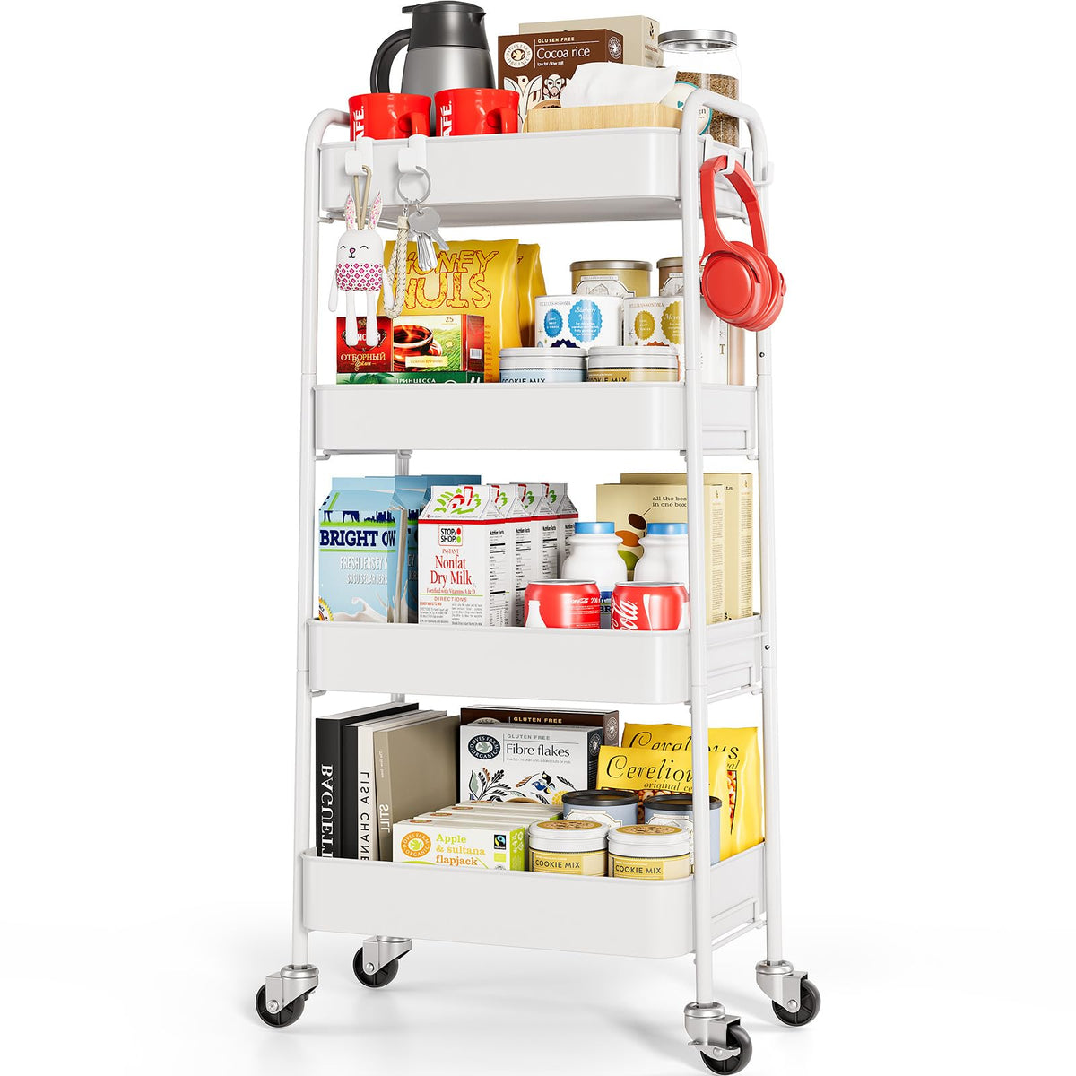 TOOLF 4 Tier Metal Rolling Cart, Utility Storage Cart with Wheels, Black