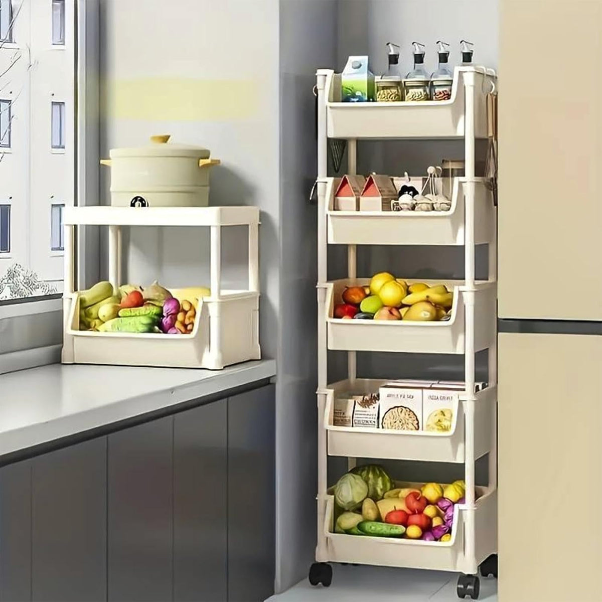 5-Tier Plastic Rolling Cart with Wheels, Multi Layer Storage Cart