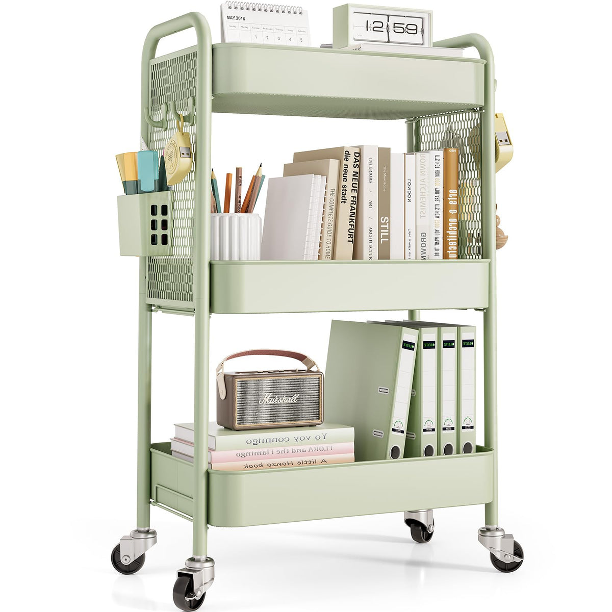 TOOLF 4 Tier Rolling Cart, Metal Utility Storage Cart with Pegboard, Black