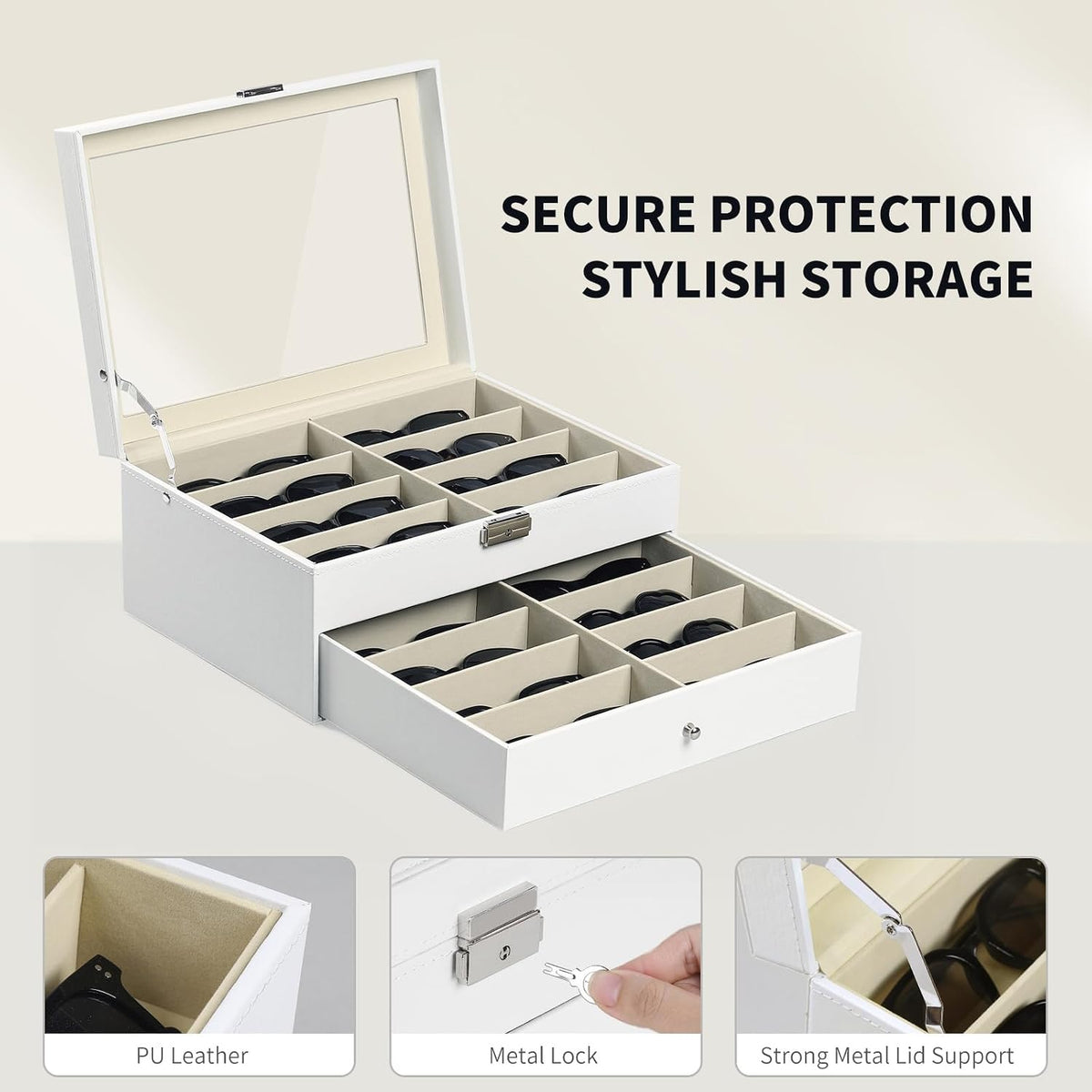 AUTOARK Leather 16 Piece Eyeglasses Storage Case Organizer,White,AW-151
