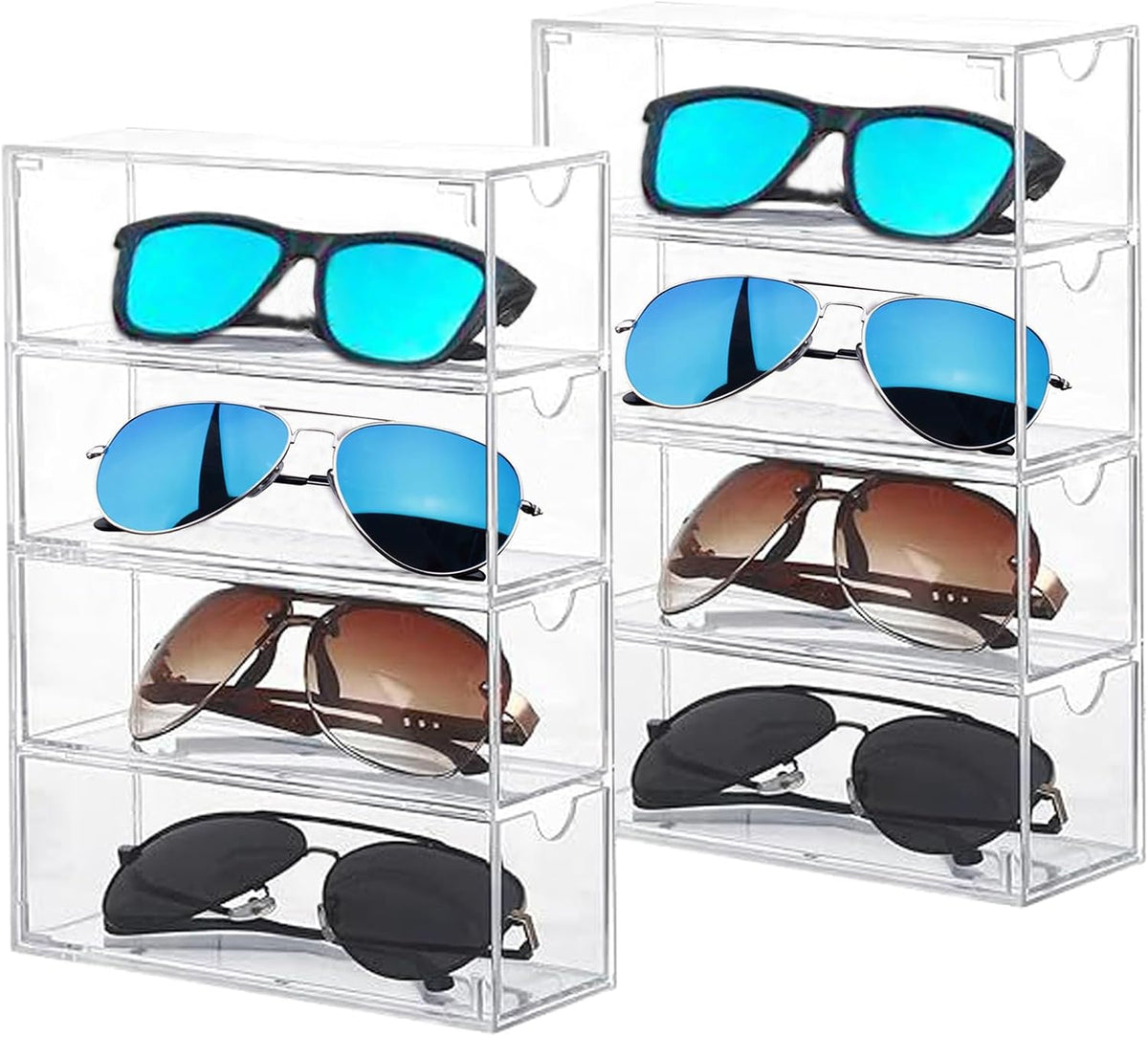 Kenpal Sunglasses Organizer for Multiple Pairs, Acrylic Stackable Glasses Holder with 4 Drawers, Transparent Eyeglass Case