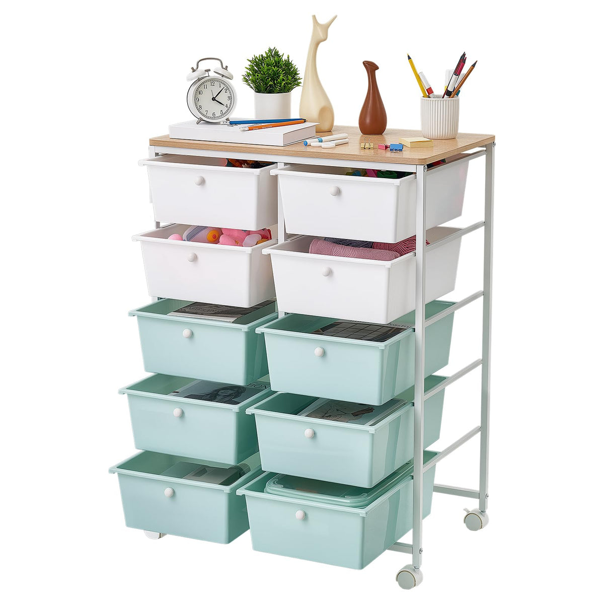VEVOR Rolling Cart with Drawers, 10 Drawer Storage Organizer, Mobile Utility Cart with Steel Frame, Universal Casters & 2 Brakes, Great for Office, Classroom, Craft Tools, Garage, Studio, Rainbow
