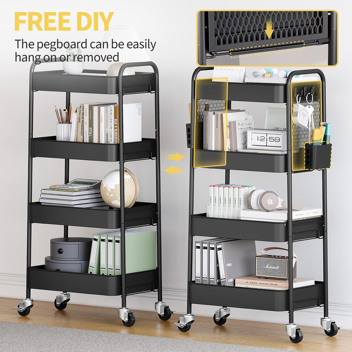 TOOLF 4 Tier Rolling Cart, Metal Utility Storage Cart with Pegboard, Black