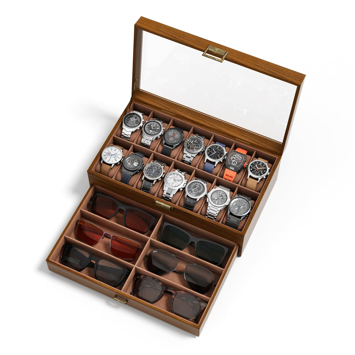 Watch Case Box for Men – 14 Slots Watch Display Organizer with 6-Compartment Eyeglasses Storage, Real Glass Lid 2-Layer PU Leather Collection Holder Gift for Loved Ones Brown