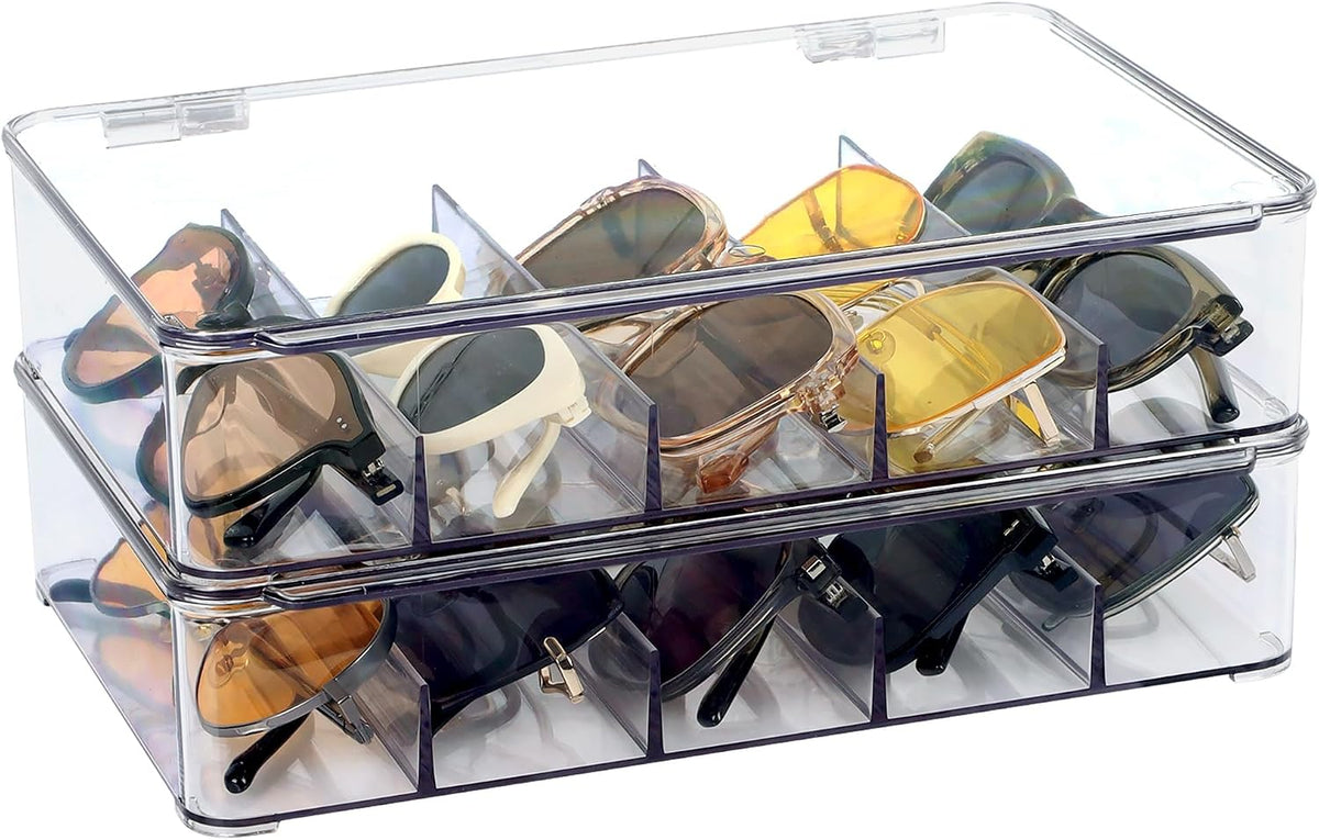 FORUP Sunglasses Organizer, Plastic Stackable Eyeglass Case Storage Organizer, Sunglass Glasses Storage Box with Hinged Lid