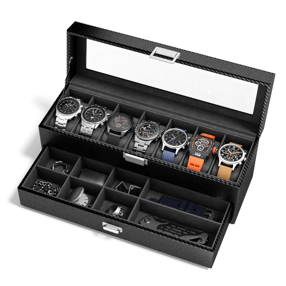 Watch Case Box for Men – 14 Slots Watch Display Organizer with 6-Compartment Eyeglasses Storage, Real Glass Lid 2-Layer PU Leather Collection Holder Gift for Loved Ones Brown