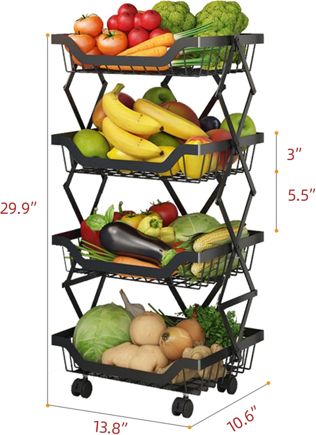 4-Tier Rolling Pantry Floor Organizer with Wheels, Foldable Fruit Vegetable Storage Cart, Metal Wire Pantry Basket, Kitchen Fruit Basket Stand, Vegetable Storage Rack for Fruits Snack Onion Potato