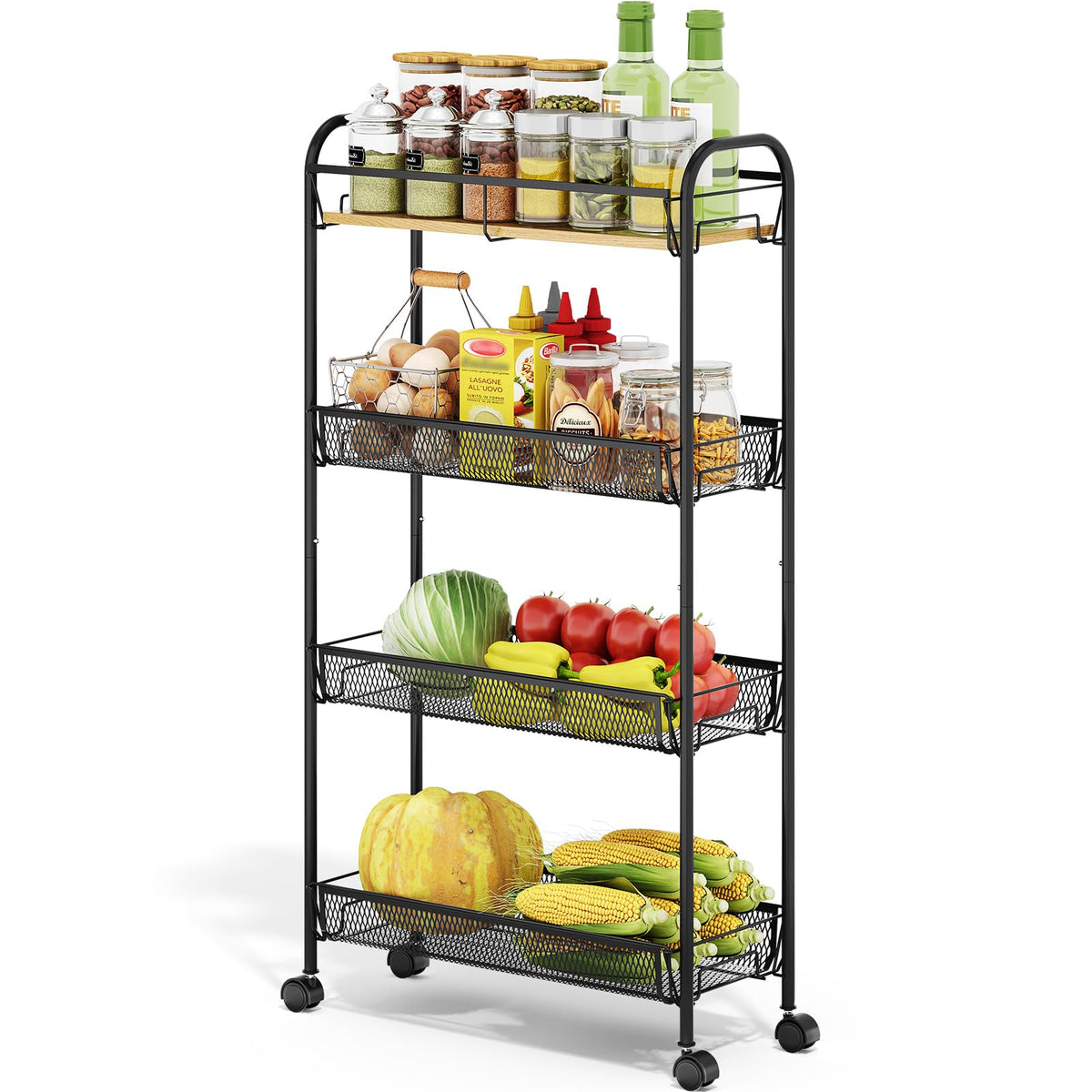TOOLF 4-Tier Rolling Cart, Metal Utility Cart, Slide Out Storage Cart with Wooden Tabletop and Mesh Baskets, Easy Assemble Trolley for Kitchen Bathroom Laundry Room Bedroom Apartments Dormitory