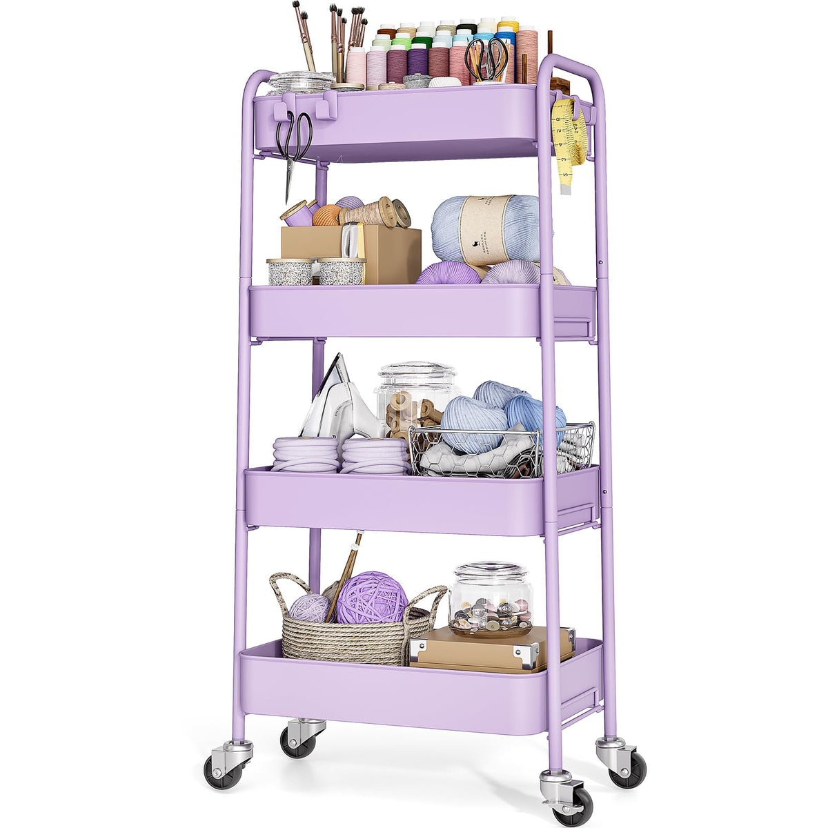 TOOLF 4 Tier Metal Rolling Cart, Utility Storage Cart with Wheels, Black