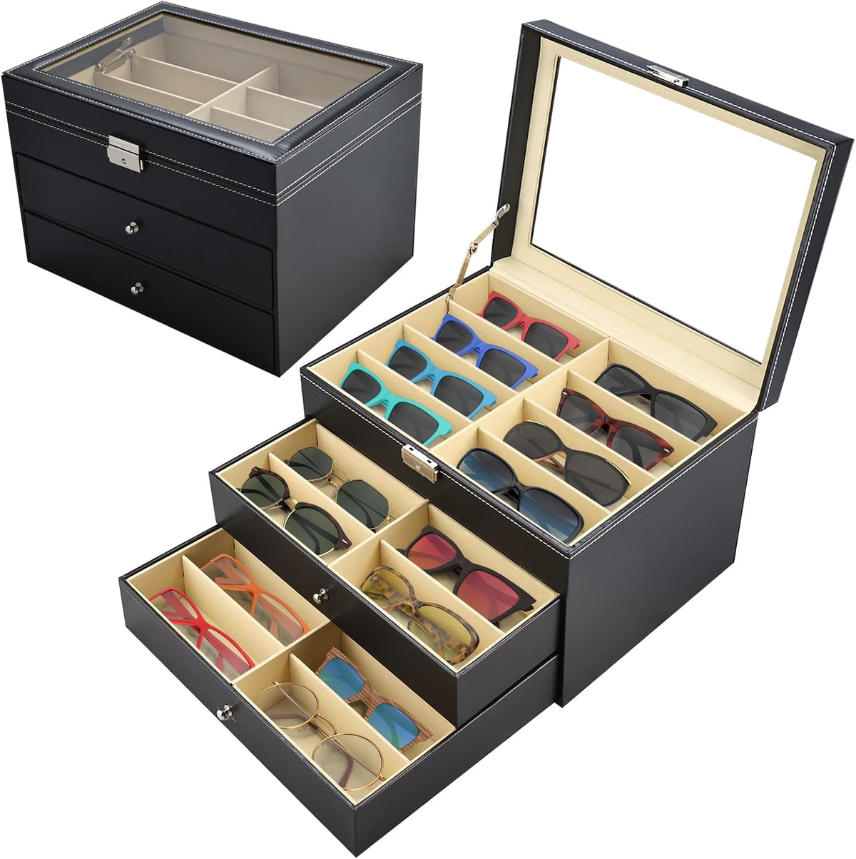 NovelBee 3-Layer Sunglasses Storage Organizer for Women Men,18 Slots Glasses Case Sunglass Eyeglasses Collector Display Box