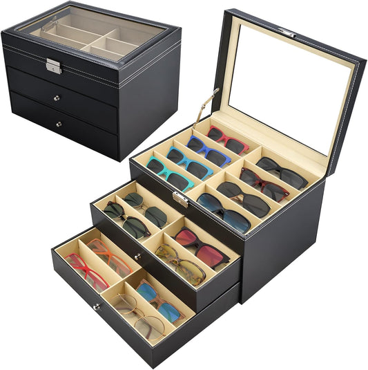 NovelBee 3-Layer Sunglasses Storage Organizer for Women Men,18 Slots Glasses Case Sunglass Eyeglasses Collector Display Box