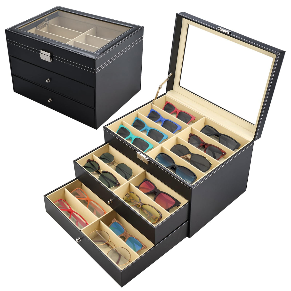 NovelBee 3-Layer Sunglasses Storage Organizer for Women Men,18 Slots Glasses Case Sunglass Eyeglasses Collector Display Box