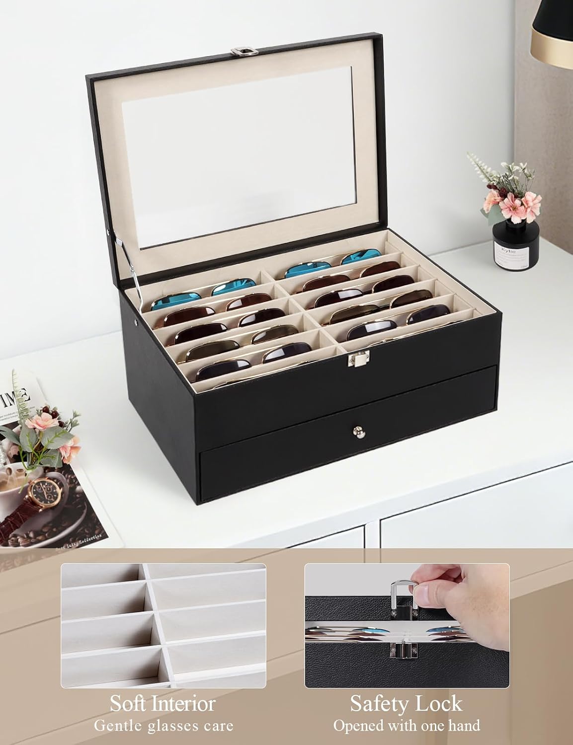 Sunglasses Storage Organizer Case with 24 Adjustable Slots, 2 Layer Multi Eyeglass Glasses Display Box with Lid Women
