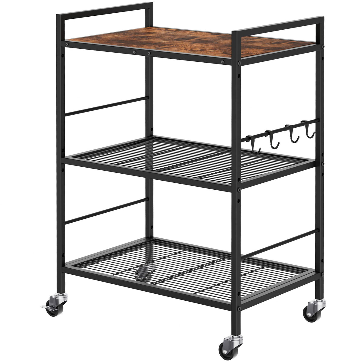3-Tier Metal Storage Rack with Industrial Wheels,Mesh Shelving Unit with Wooden Table top,Adjustable Shelf,31.5-Inch Width, for Kitchen, Laundry,Pantry,Plant,Black