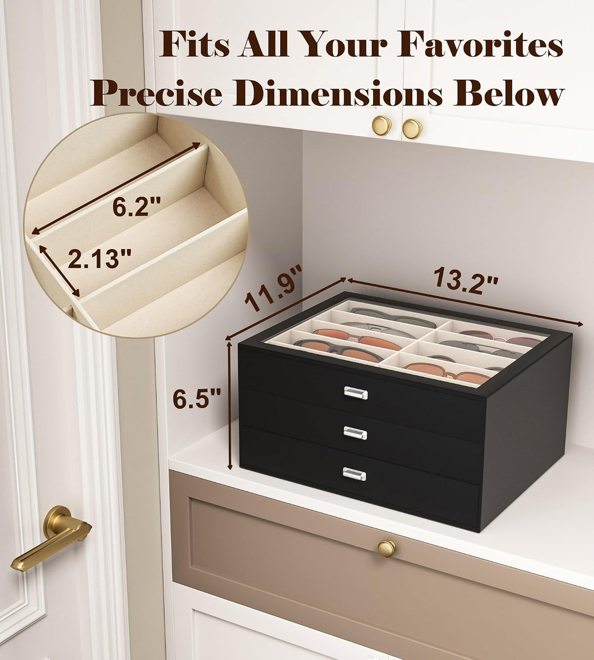 NEWLOOP Sunglass Organizer Display Case - Sunglasses Holder for Men Women Multiple Pair Eye Glasses Storage Organizer 3-Layer Jewelry Watch Eyeglass Collection Box with 30 Slots, Black