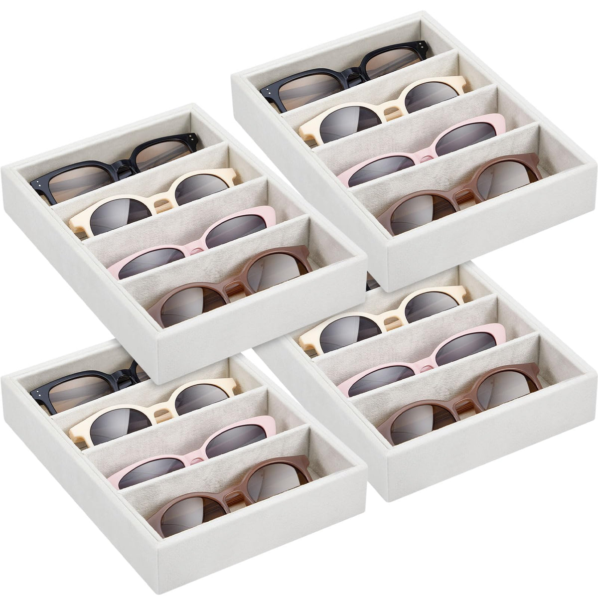 Amylove 4 Pcs Gray Sunglass Organizer Trays 4 Grids Velvet Glasses Holder Jewelry Display Organizer Eyeglasses Storage Box Drawer