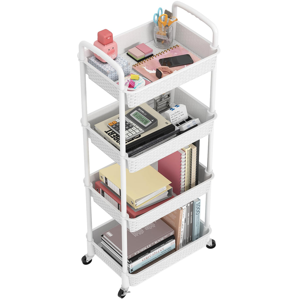 MOYIPIN 3-Tier Plastic Rolling Utility Cart with Handle,Utility Storage Cart for Office, Living Room, Kitchen,Movable Storage Organizer Shelves,White