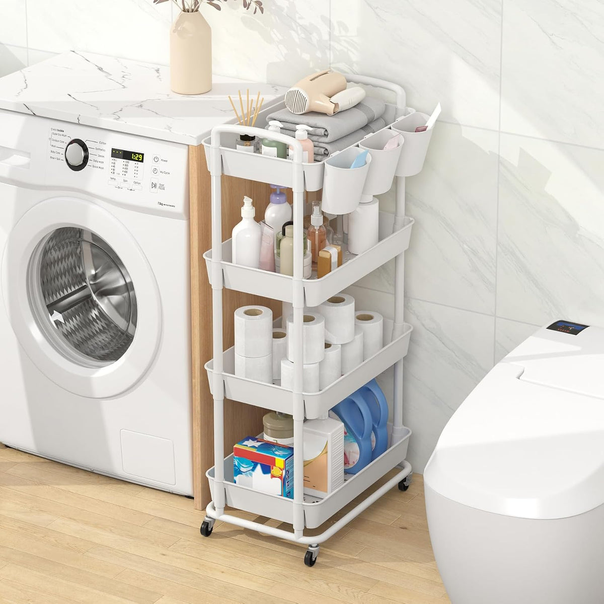 JIUYOTREE 4-Tier Plastic Rolling Storage Cart Utility Cart White