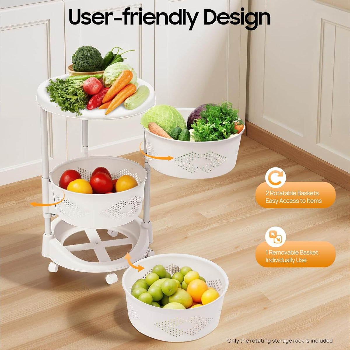 Ringmaster 3 Tier Rotating Storage Rack Multi-Layer Storage Shelves Organizer,Floor Standing Kitchen Storage Cart with Wheels,Fruit Vegetable Storage Basket Shelf for Living Room,Kitchen,Bathroom