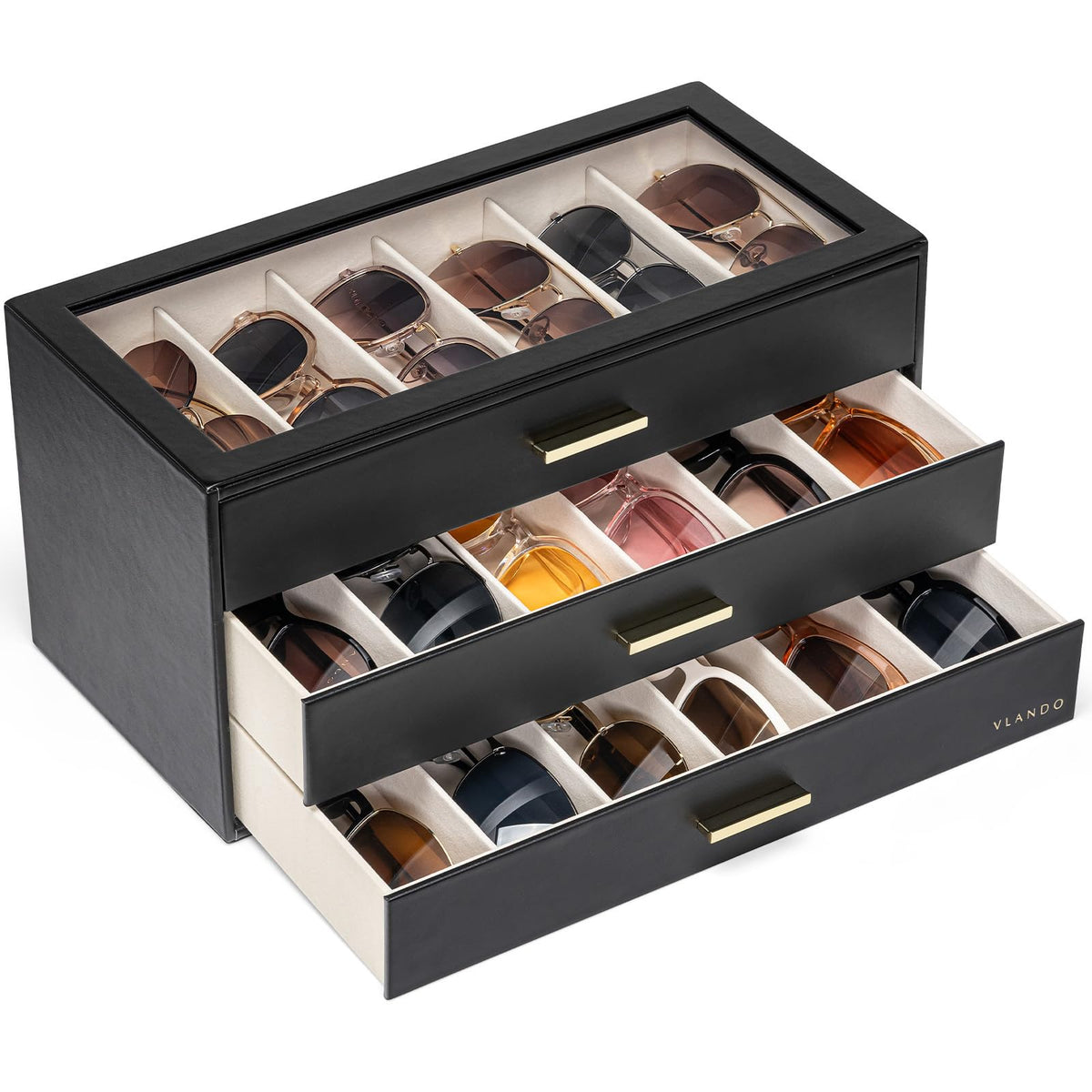 VLANDO 18-Slot Sunglasses Organizer Case with Clear Lid & 3 Drawers,Beige
