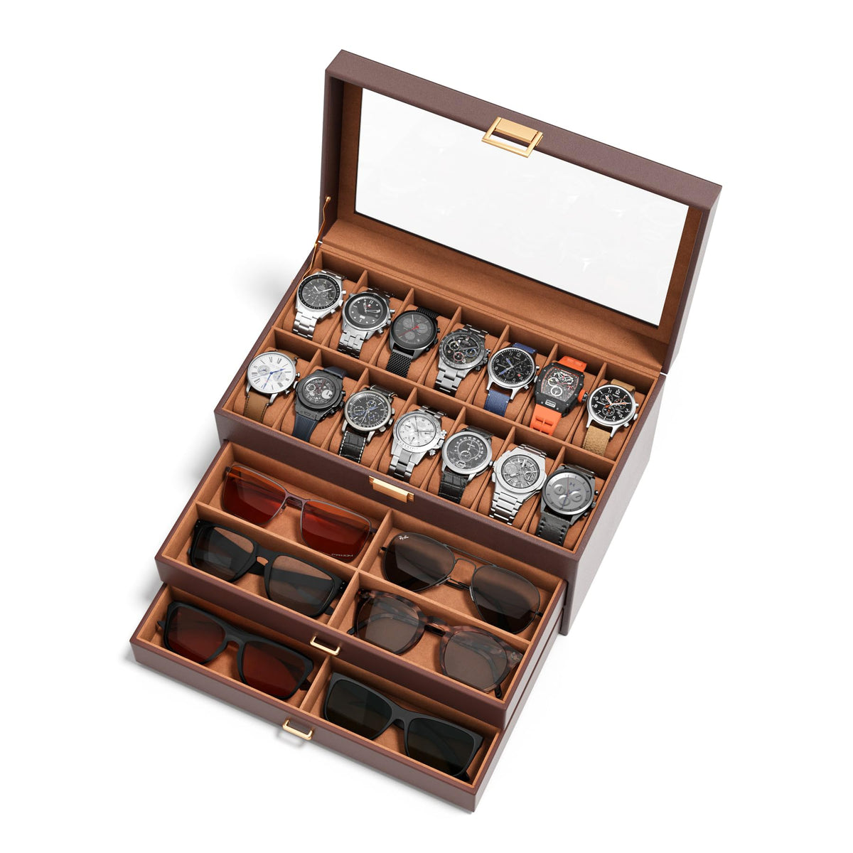 Watch Case Box for Men – 14 Slots Watch Display Organizer with 6-Compartment Eyeglasses Storage, Real Glass Lid 2-Layer PU Leather Collection Holder Gift for Loved Ones Brown
