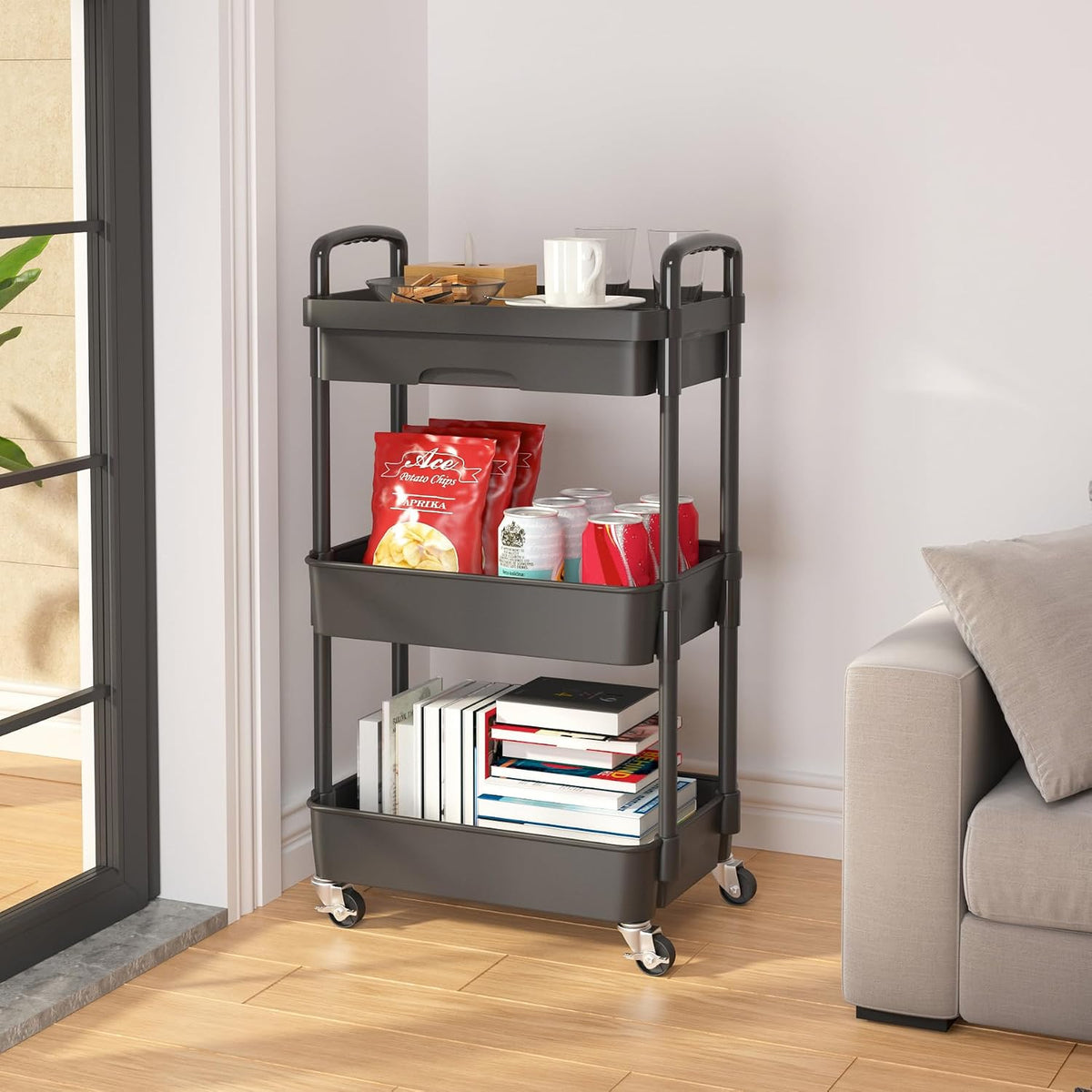 Calmootey 3-Tier Utility Cart with Drawer & Wheels, Storage for Home,Office