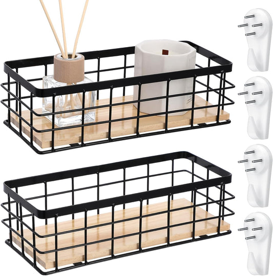 2 Pcs Small Metal Wire Basket Wall Hanging Wire Basket Hang Small Bathroom Kitchen Storage Organizer Toilet Paper Mesh Storage Bin Shelf Rack with Base(Black,10 x 4.1 x 2.7 Inches)