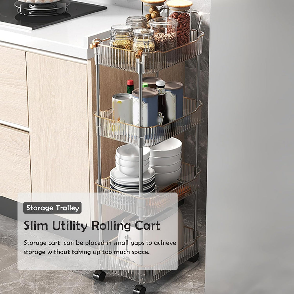 Acrylic Storage Trolley, Bathroom Kitchen Rolling Utility Cart Mobile Organization Shelves with Handle and Lockable Wheel(Gold,2 Tier)
